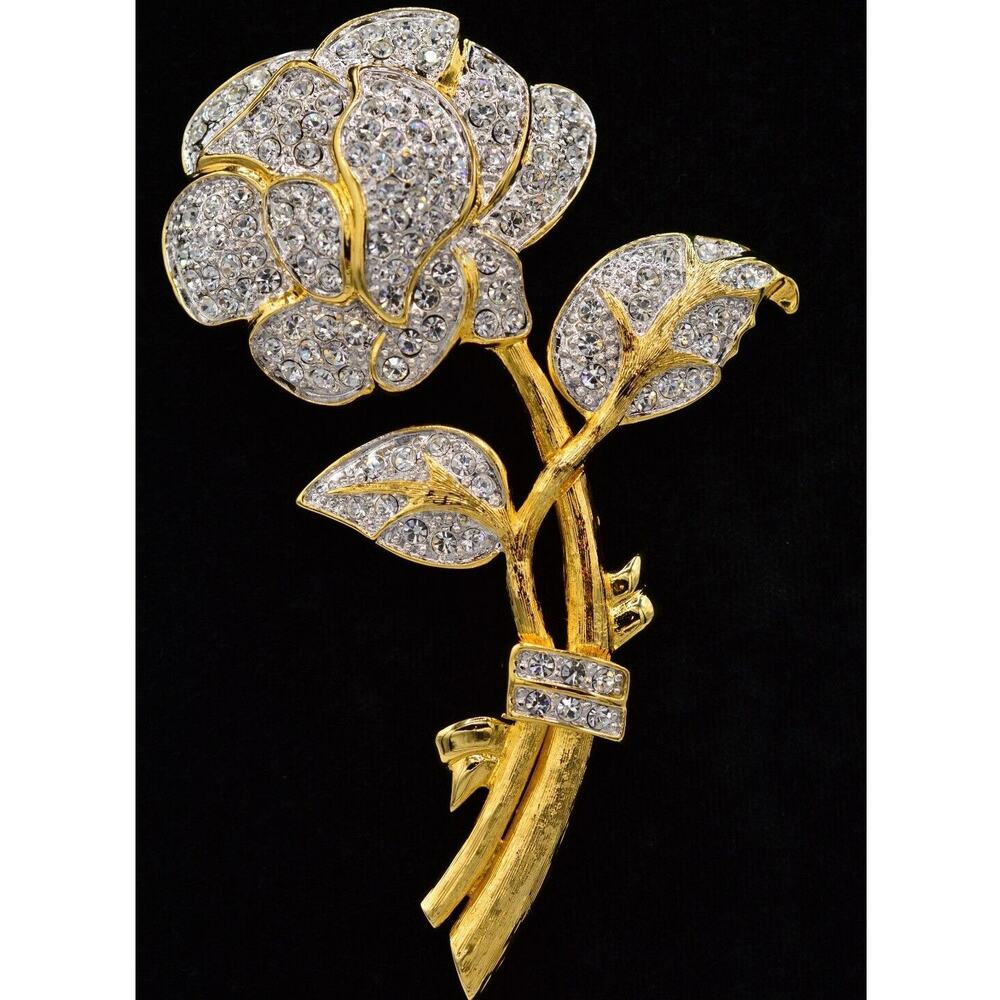 Nolan Miller Vintage Crystal Rose Pin Brooch Rhinestone Flower Gold Signed Bin4